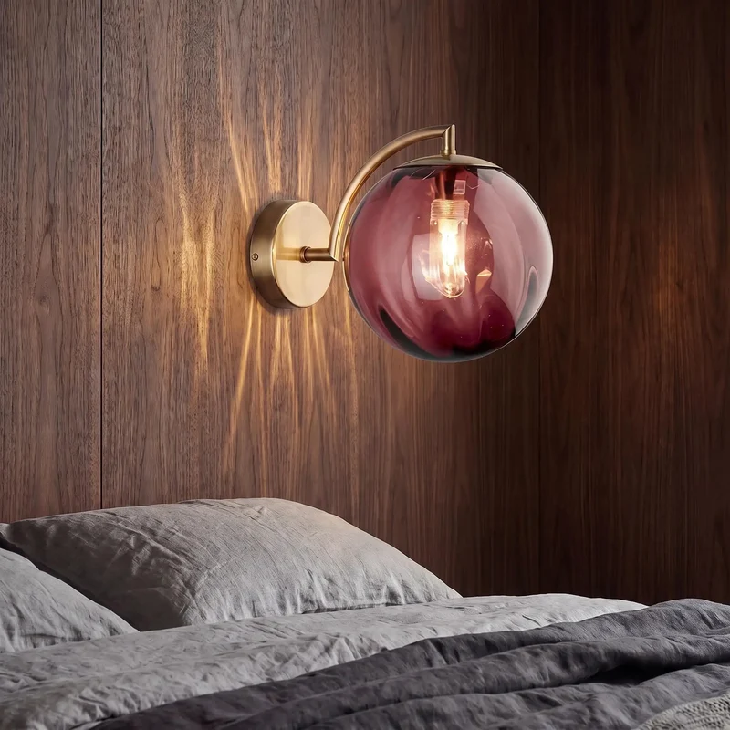 Mid Century Modern Wall Sconce With Wine Red Hand Blown Ribbed Glass Globe Featuring Three Way Color Toggle For Smooth Ambient Lighting That Straight Up Elevates Your Interior Design Level Every Single Day