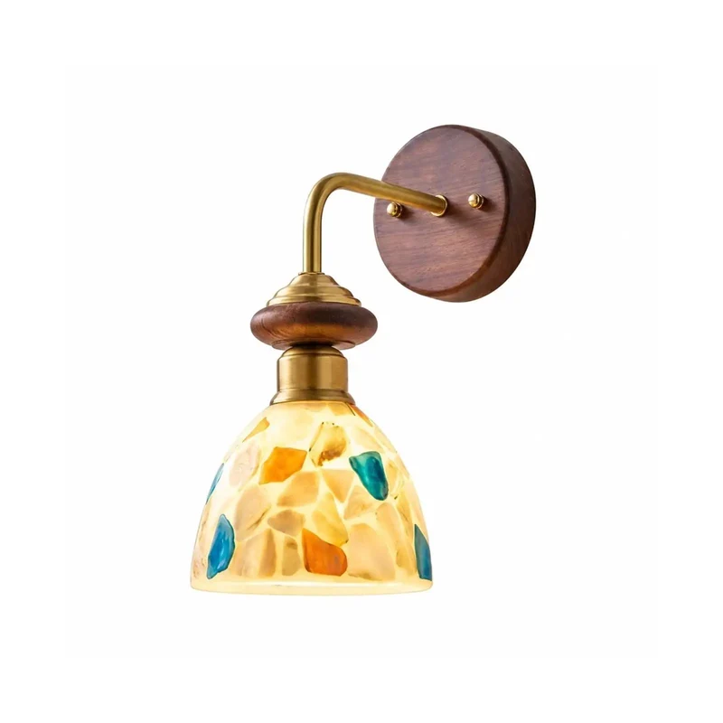 Statement Piece Artistic Vintage Wall Sconce Features Warm Wood Base and Curved Brass Arm Paired with Colorful Handmade Glass Shade for Cozy Retro Aesthetic Lighting