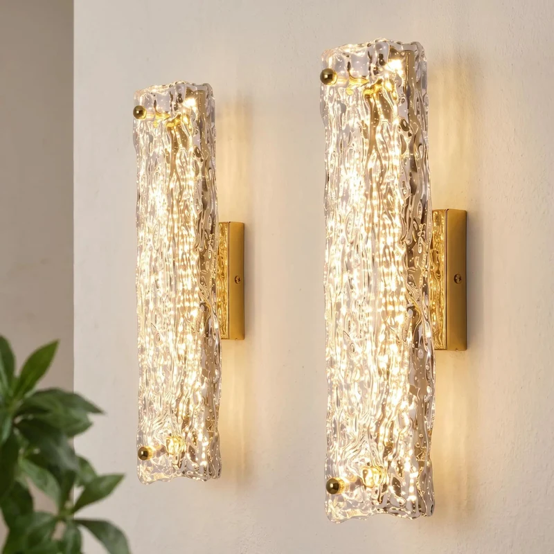 Super Sleek Gold Led Wall Sconces Set Of Two With Textured Ripple Glass Strip Modern Ambient Lighting For Bedroom Bathroom Sink And Hallway Total Game Changer Lighting