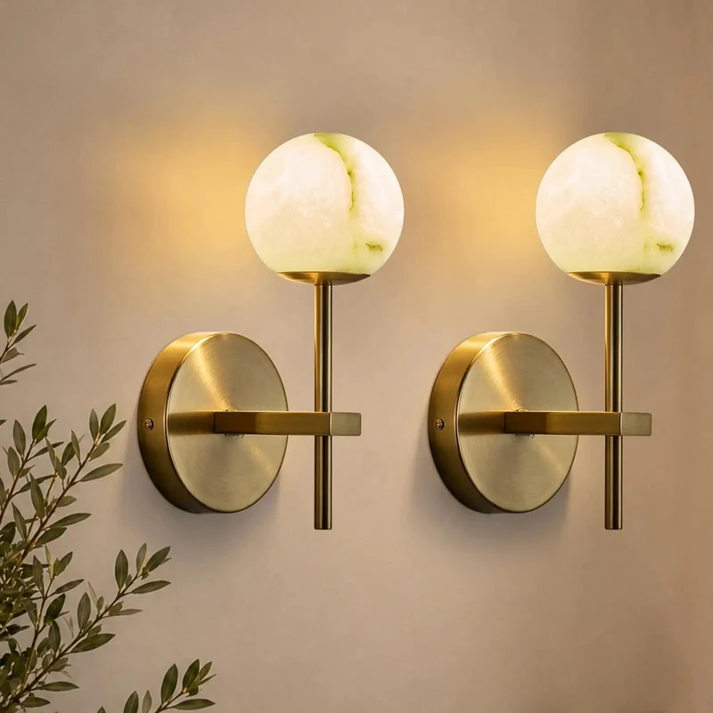 Set Of Two Straight Up Premium Alabaster Wall Sconces With 10 Inch Natural Marble Globe Light For Bathroom Vanity And Bedroom Featuring Hardwired Ball Lamps Dropping Major Style And A Legit Warm Vibe For Stairs And Hallways