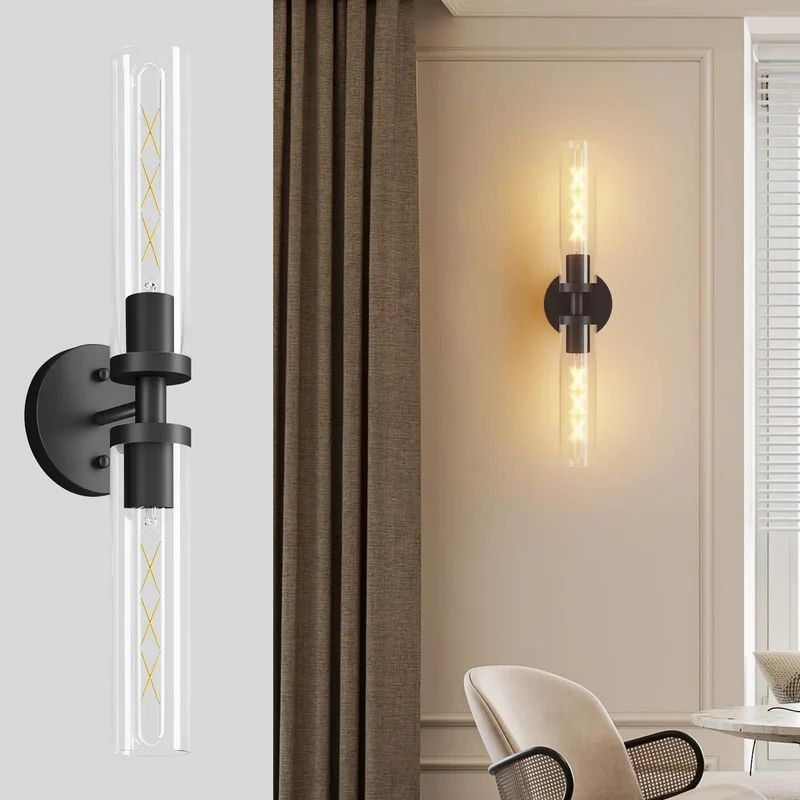 Top Shelf Matte Black Wall Sconces Set Of Two With Hand Blown Clear Glass E26 Bulb Base Indoor Vanity Light Fixture For Bathroom Mirror And Bedroom Decor Heavy Duty Smooth Finish