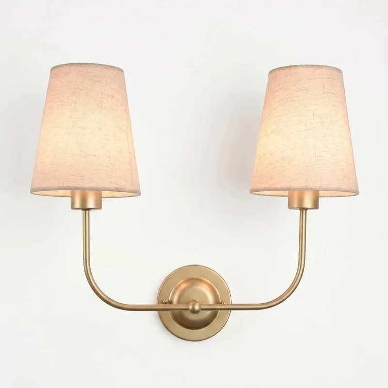 Antique Double Wall Sconce With Flared Linen Beige Shade Hardwired Dual Bulb Kit Rustic Farmhouse Total Room Refresh Classic Vintage Two Light Fixture