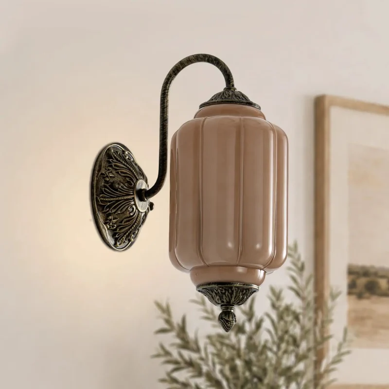 Pretty Dang Stunning Vintage Modern Wall Sconce With Amber Glass Light Fixture Featuring Sick Scrollwork Detailing And Damn Clean Black Brushed Gold Curved Arm For Hella Cozy Hallway And Bedroom Decor Total Game Changing Accent