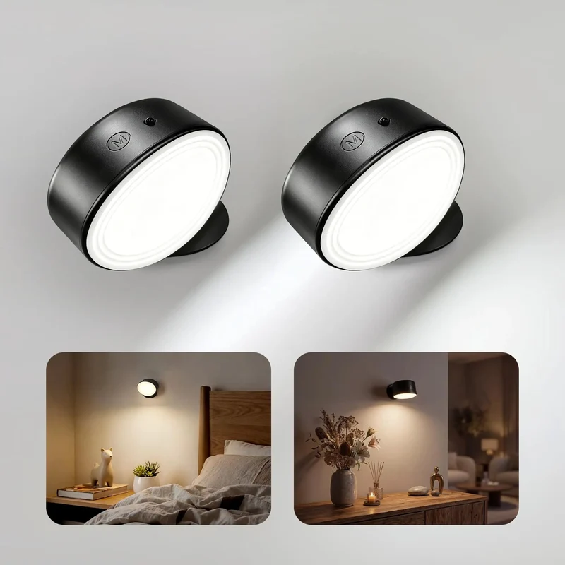 Cordless Rechargeable Wall Sconces 2 Pack No Drill Zero Mess Setup Heavy Duty Adhesive Renters Friendly LED Battery Operated Lights For Bedrooms Dorms 360 Magnetic Swivel Warm Glow Accent Lamp