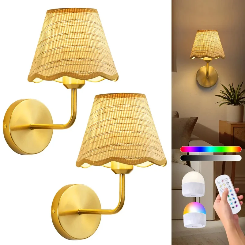 Battery Operated Rattan Wall Sconces Set Of 2 With Glimmering Gold Electroplating Trim Boho Ambience Light Fixtures For Chill Bedrooms Hallways And Reading Nooks That Truly Level Up Your Whole House Vibes