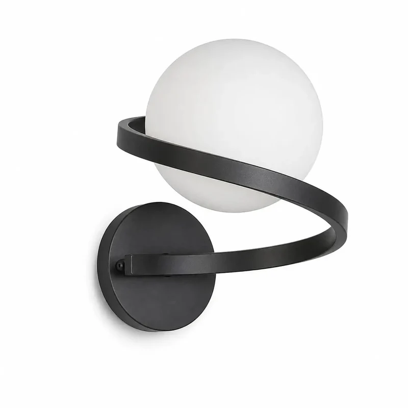 Smooth Black Wall Sconce Featuring Opal Glass Globe And Sculptural Spiral Metal Frame For Contemporary Home Decor Indoor Lighting And Living Room Ambiance