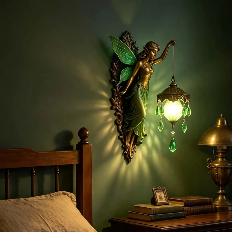 Stunning Vintage Fairy Wall Sconce with Hand Painted Wings in Green, Dimmable Frosted Globe for Cozy Bedroom, Serene Nightstand Ambient Reading Light That Sets the Ultimate Dreamy Vibe