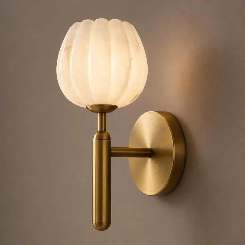 Sleek Brushed Brass Wall Sconce Featuring Fluted Alabaster Glass Shade, Wall Mounted Lamp For Bedroom And Entryway, Soft Ambient Glow Fixture That Delivers Dreamy Main Character Vibes To Your Decor