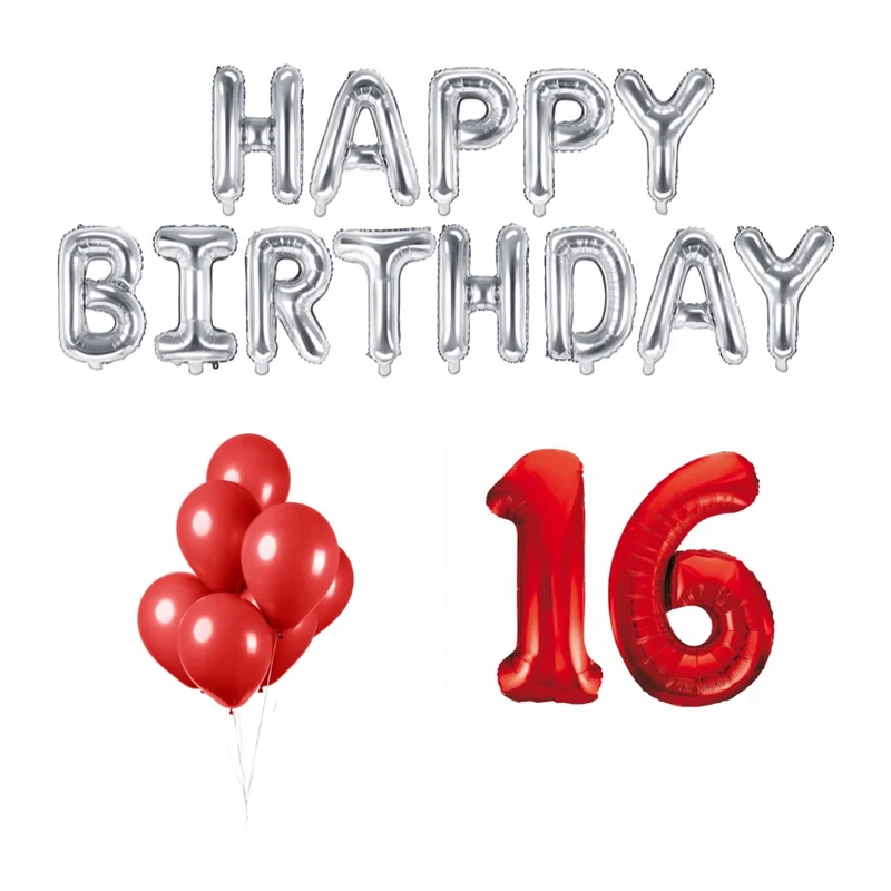 16 jaar Verjaardag Versiering Ballon Pakket rood & zilver
