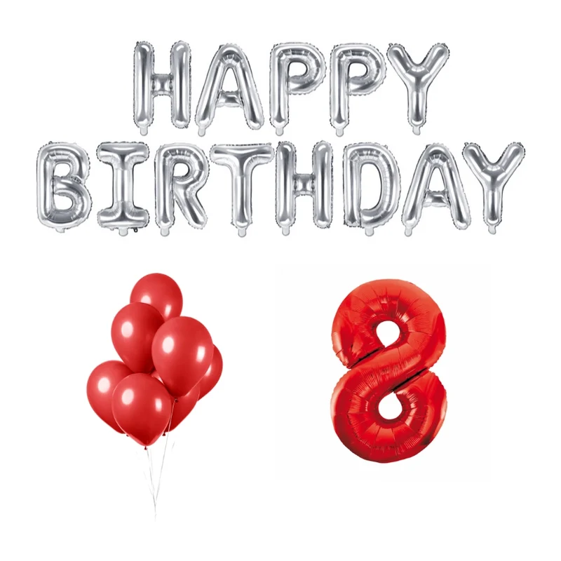 8 jaar Verjaardag Versiering Ballon Pakket rood & zilver