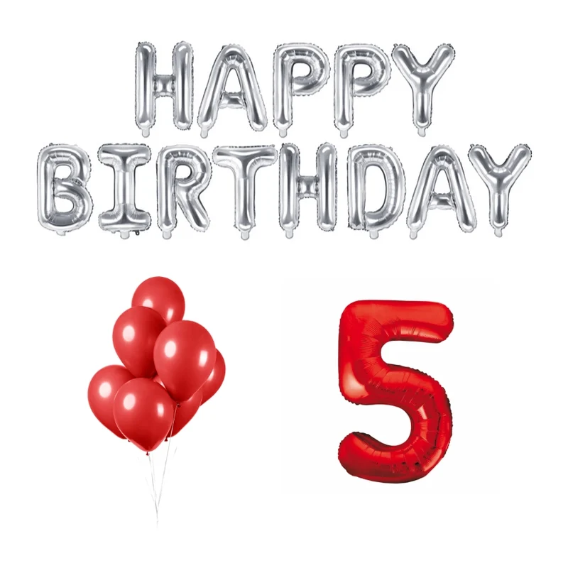 5 jaar Verjaardag Versiering Ballon Pakket rood & zilver