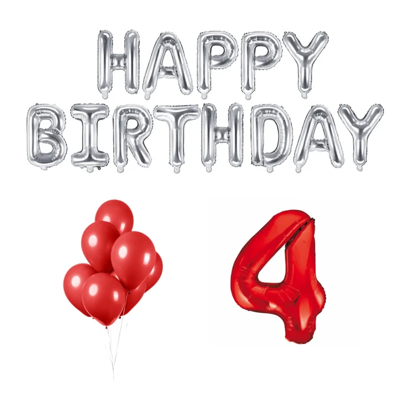 4 jaar Verjaardag Versiering Ballon Pakket rood & zilver