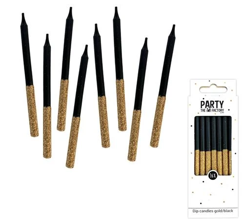 Kaarsjes zwart met gouden glitters 16 stuks