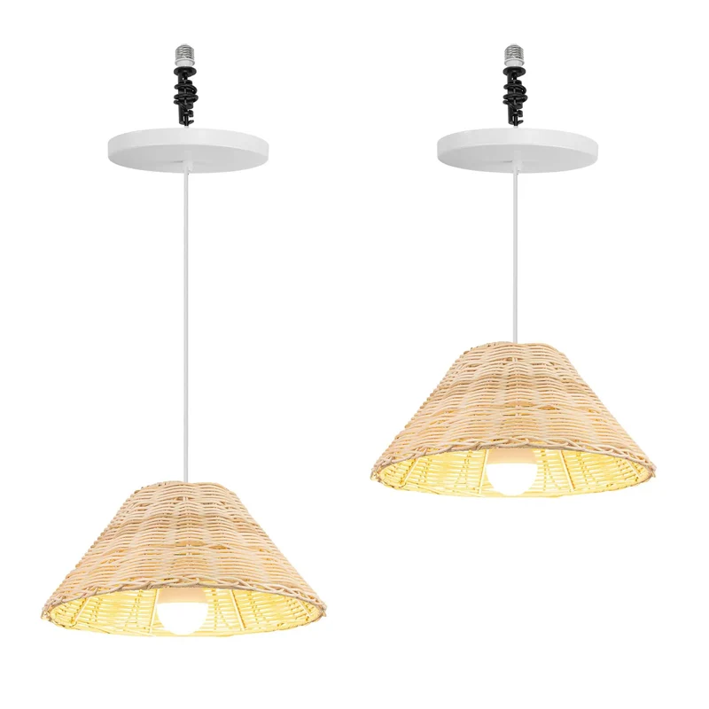 Quick Swap Recessed To Pendant Conversion Kit With A Secure E26 Base And Two Glass Lampshades Wrapped In Authentic Rattan Rope Setting A Next Level Farmhouse Vibe For Smooth Kitchen Island Upgrades