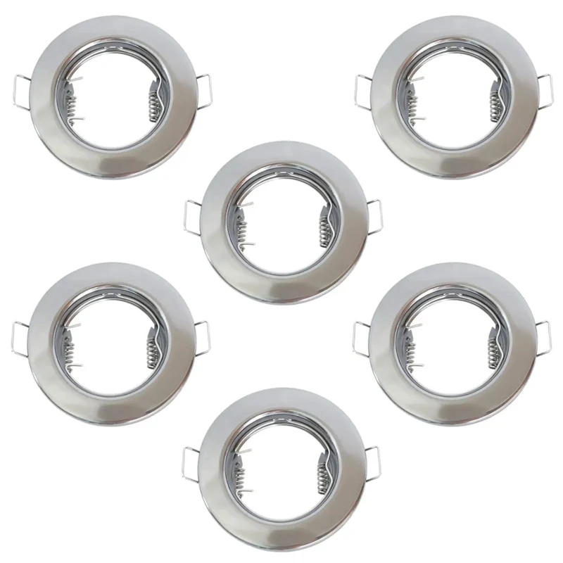 Six Pack Chrome MR16 And GU10 Recessed Downlight Fittings Featuring Heavy Duty Iron Housings And No Fuss Wire Connectors For Easy Kitchen And Bathroom Home Improvements