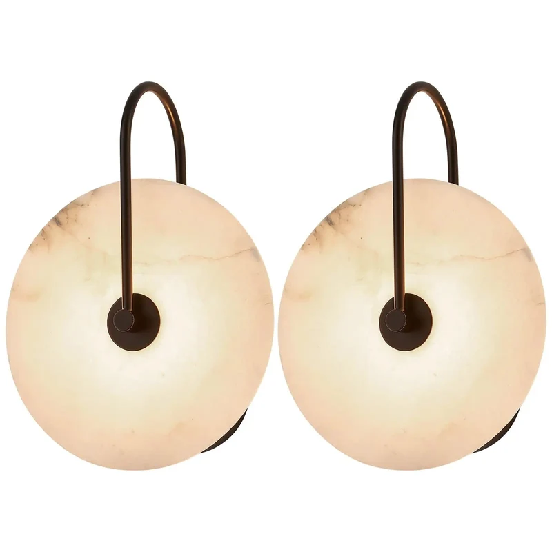 Set Of Two 10 Inch Marble Wall Sconces Matte Black Hand Carved Natural Stone Alabaster Shades For Bedside Vanity Hallway UL Listed Next Level Lighting Solution With Classy Stone Texture For That Fresh Home Makeover Vibe