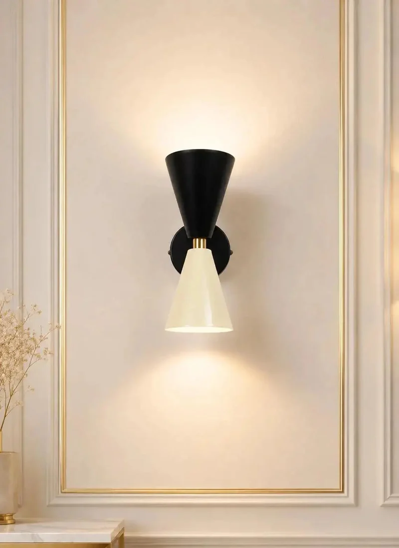 Groovy Mid-Century Two Tone Cone Wall Sconce Light With Sleek Black And White Dual Funnel Shades And Crisp Gold Accent Ring Dropping Badass Up And Down Ambient Glow To Totally Transform Your Living Room Or Bedroom Vibes