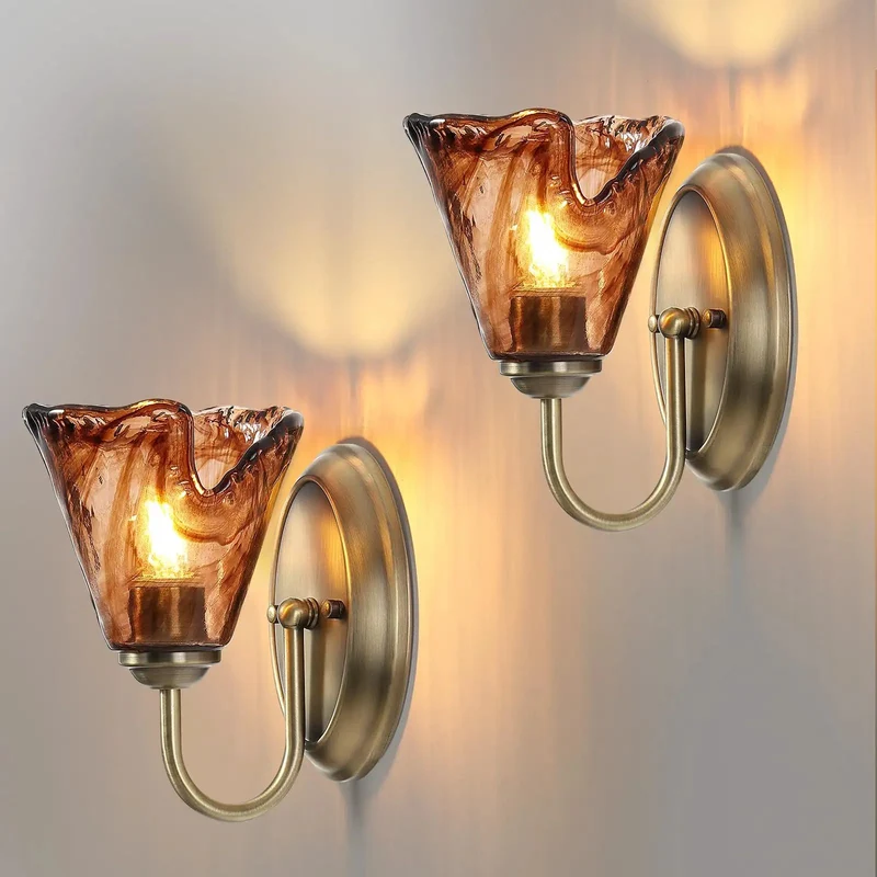 Set Of Two Vintage Glass Wall Sconces With Aged Brass Finish And Handcrafted Amber Flower Glass Shades For Bathroom Vanity Lighting That Offers A Straight Up Stunning Upgrade And Totally Cozy Vibes
