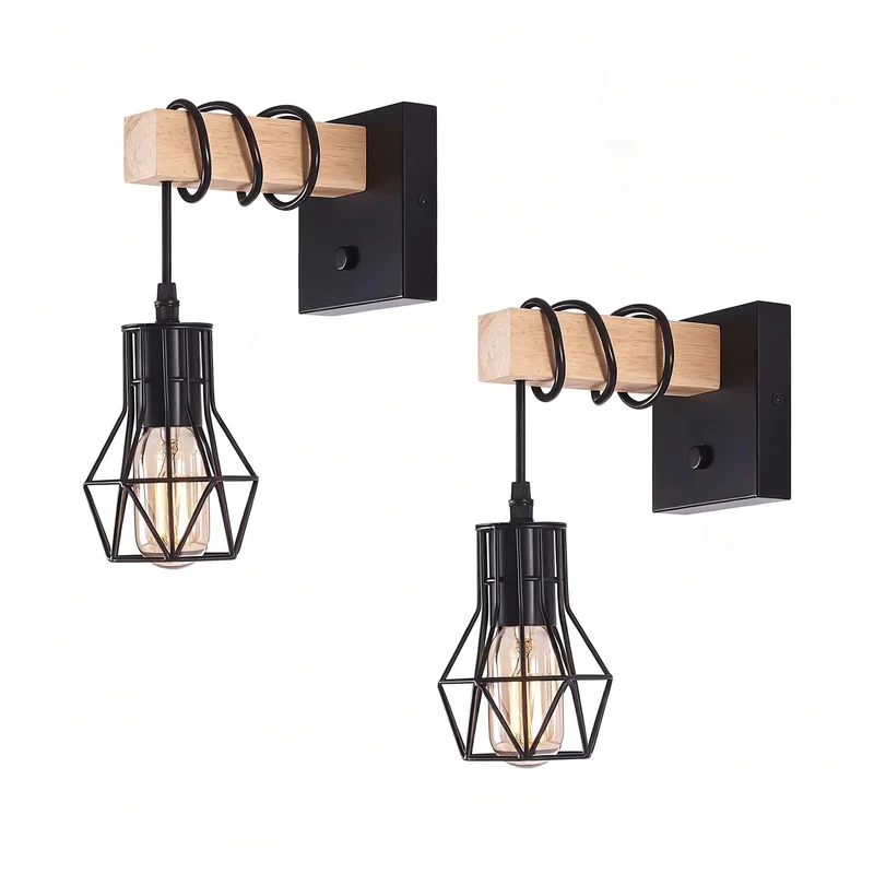 Two Pack Farmhouse Wall Sconces Built Tough With Solid Wood And Matte Black Metal Cage Features Hardwired E26 Socket For Bedroom Rustic Industrial Decor Dropping Serious Vintage Cool