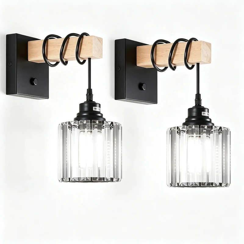 Rustic Farmhouse Hardwired Wall Sconces Two Pack Matte Black Metal And Solid Wood With Clear Crystal Shades To Be A Serious Game Changer For Your Home Accent Decor