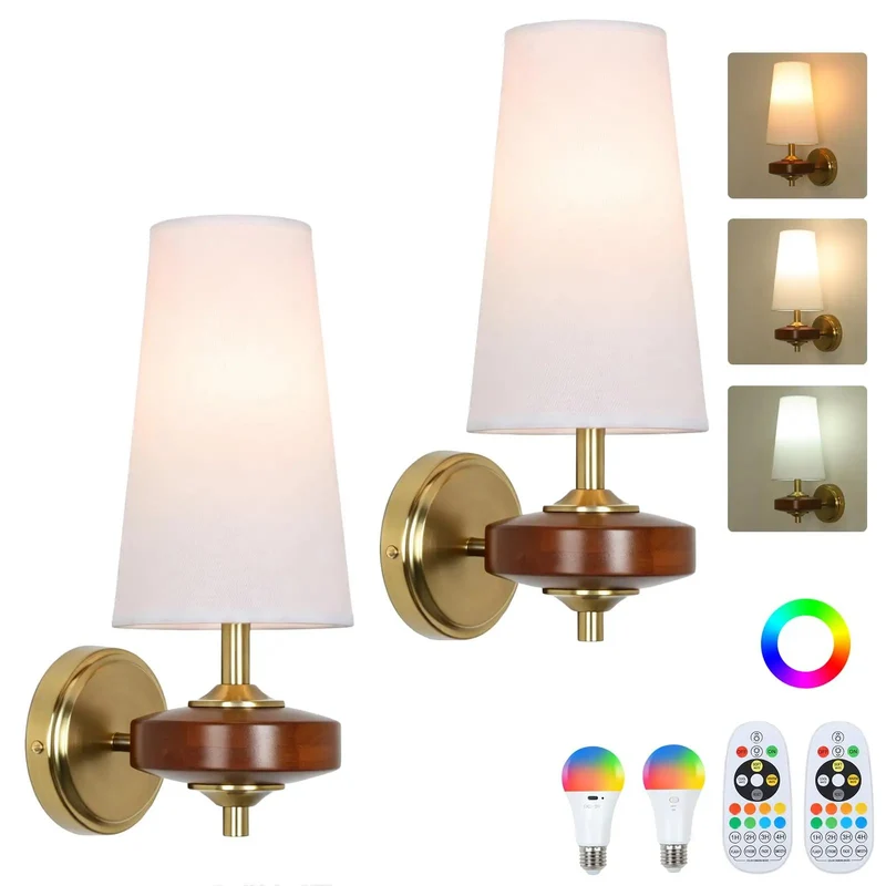Vintage Gold Wireless Wall Sconces Set of 2 With Walnut Wood and Fabric Shade Rechargeable Battery Operated Cordless Lights Include Remote to Give Your Space a Big Time Glow Up Plug Free Decor for Bedroom Living Room