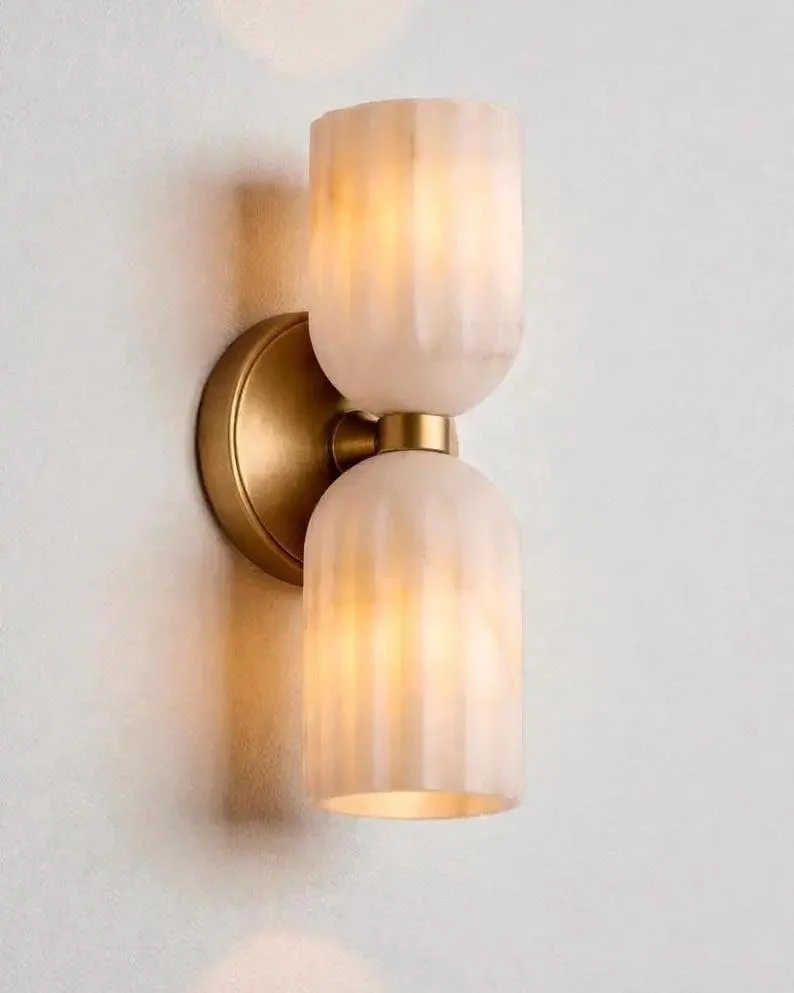 Slick Double Wall Sconce With Fluted Alabaster Shades And Antique Brass Finish For Bedroom Living Room Hallway Top Tier Knockout Vintage Wall Lighting Ace Accent Lamp