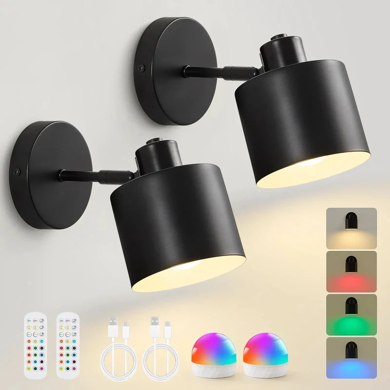 Battery Powered Wall Sconces Set Of Two Black With Remote Control Detachable Rechargeable Glow For Bedroom Bedside Hallway Slick Design Zero Mess Setup Nightstand Must Have Ambient Lighting