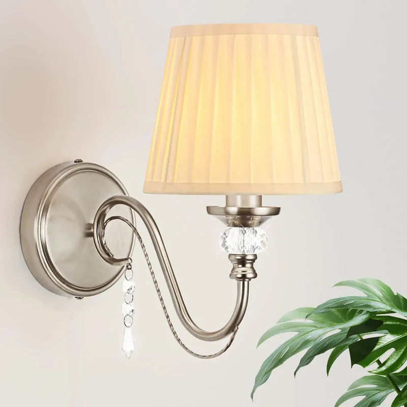 Top Shelf One Light Brushed Nickel Vanity Light with Beige Fabric Shade and Modern Wall Sconce Bringing Hella Smooth Glare Free Illumination to Your Ultimate Bathroom Refresh