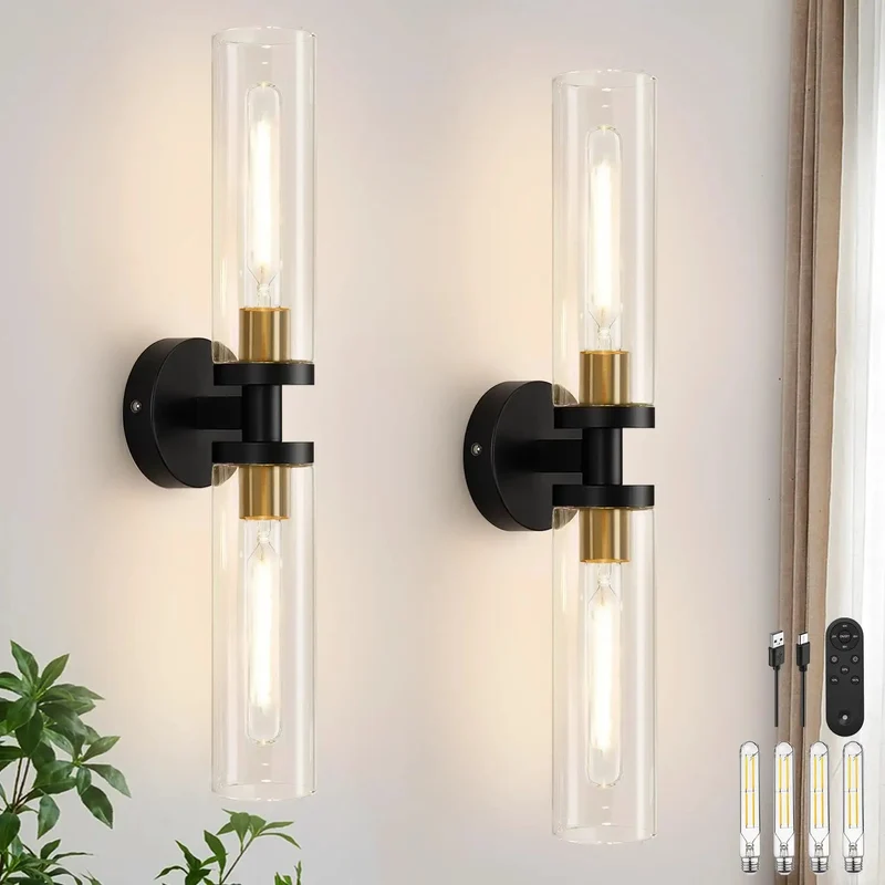 Slick Rechargeable Wall Sconces Set Of Two In Matte Black And Brushed Gold Featuring Wireless Remote Dimming With 3000K Warm Glow For Zero Wiring Headaches And Instant Room Vibe Upgrade