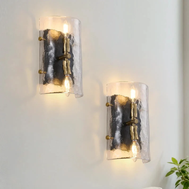 Modern Black Wall Sconce Set Of 2 With Curved Water Rippled Glass Shades 11 Inches Tall Delivers A Slick Look And Tough Craftsmanship For A Fast Hallway Or Office Lighting Setup