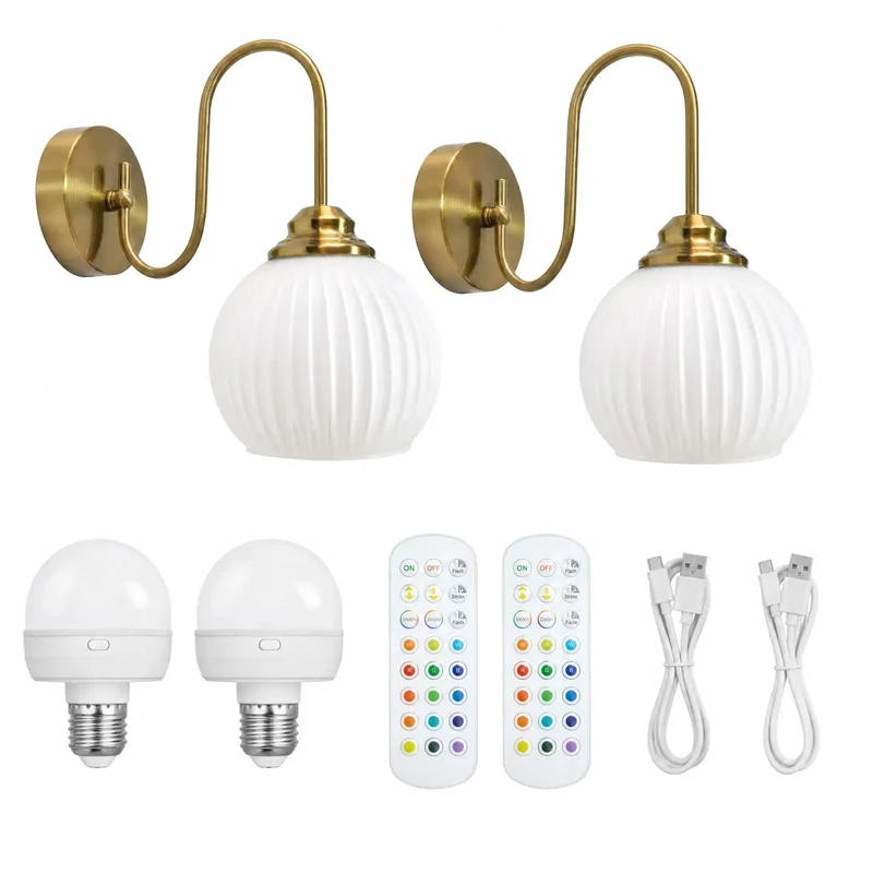 Solid Vintage Wall Sconces With Curved Brass Arms And Ribbed Glass Battery Operated Pair Delivering Fast Rgb Color Swaps For Zero Wiring Headache And Top Shelf Mood Lighting For Smart Home Updates