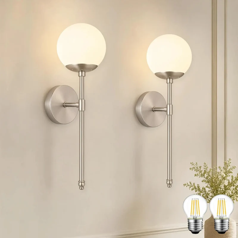 Ultra Chic Mid Century Wall Sconces In Brushed Nickel With Milky White Glass Globes And Pre Installed Bulbs Creating A Totally Chill Vibe For Your Space Snag This Fresh Two Pack Right Now