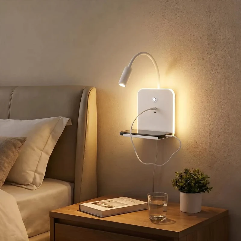 Slick Matte White LED Wall Sconce With Usb Charging Ports And Nifty Shelf, Zero Fuss Plug Or Hardwired, Smooth Dimmable Reading Light, Chill Ambient Glow, Sick Bedroom Overhaul For Bedside