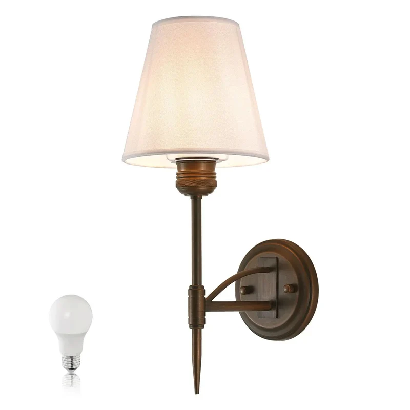 Killer Industrial Vintage Wall Sconce With Brass Aluminum Body Knurled Texture Triangular Hand Welded Bracket White Fabric Shade E26 Base Hardwired Light Fixtures Bad Ass Decor