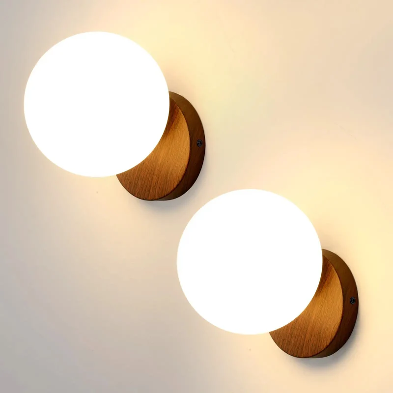 Slick Globe Wall Sconce Set Of 2 With Adjustable 3 Color Temperature Led Lights Top Shelf Milk Glass Shades And Smooth Walnut Base For Chill House Glow