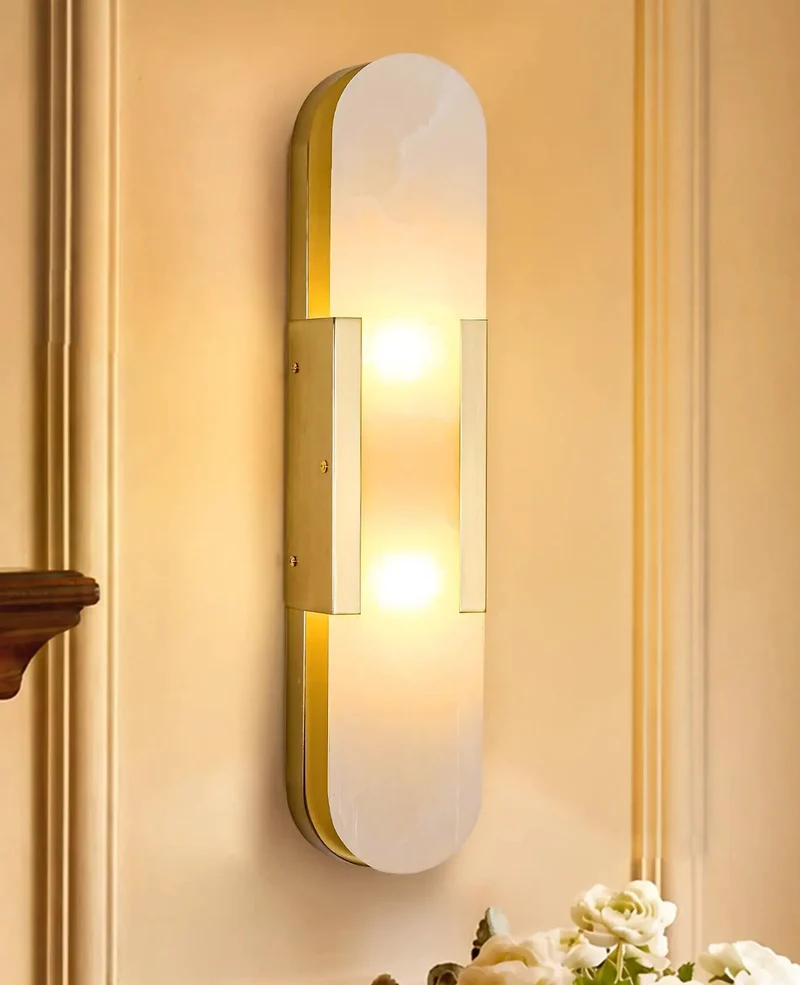 Natural Spanish Alabaster Wall Sconce With Luxurious Gold Metal Base 19.7 Inch Height Slim Oval Modern Minimalist Wall Light For Bedroom Living Room Hella Chic G9 Ambient Glow Stone Vibe Fixture