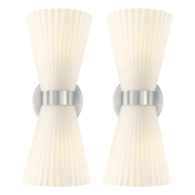 Modern Seashell Inspired Brushed Nickel Wall Sconces Set Of Two With Frosted Striped Glass Shades Built For Ups And Down Bathroom Vanity Lighting Glow Up Your Space