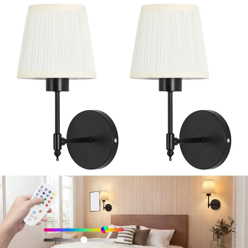 Laid Back Vibe Wireless Wall Sconces Set Of Two Offer Rechargeable Battery Backup Pleated Canvas Shades Dimmable Remote Control Warm Glow Perfect For Chill Living Room Setup Or Bedroom Nook