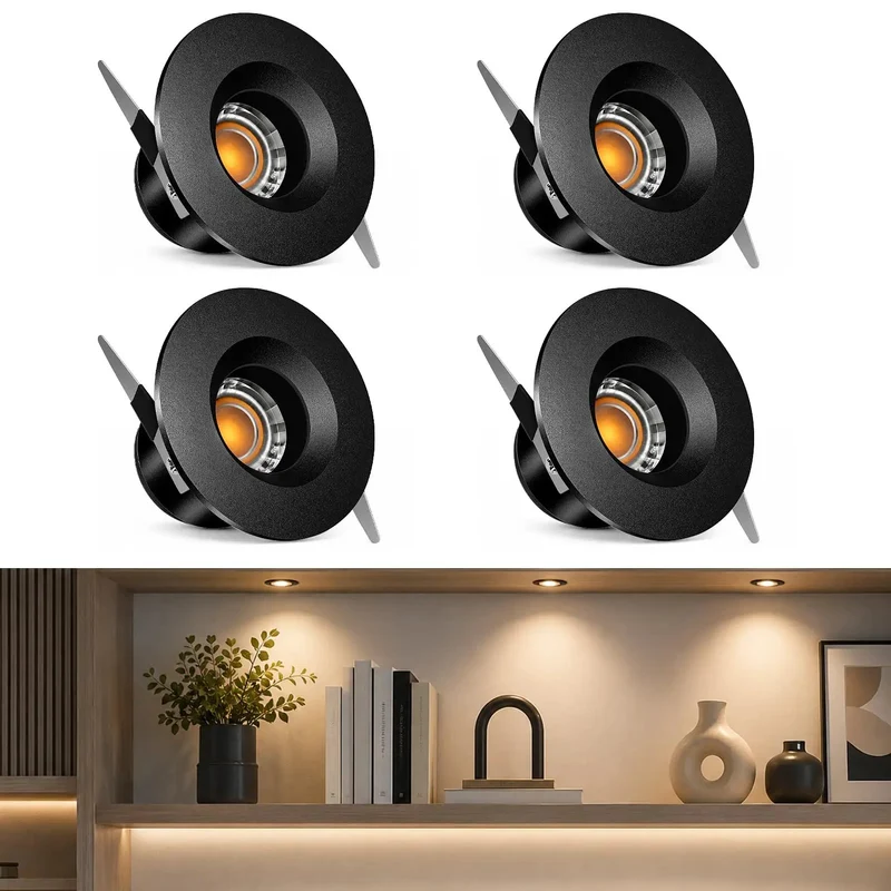 Top Tier 4 Pack Mini Recessed LED Cans 2W Downlights Delivers Sweet 3000K Warm White Narrow Beam With Hella Sharp 90 Plus CRI For Sleek Cabinet Setup Super Slim Black Finish Featuring Integrated Driver For Quick And Easy Hookup