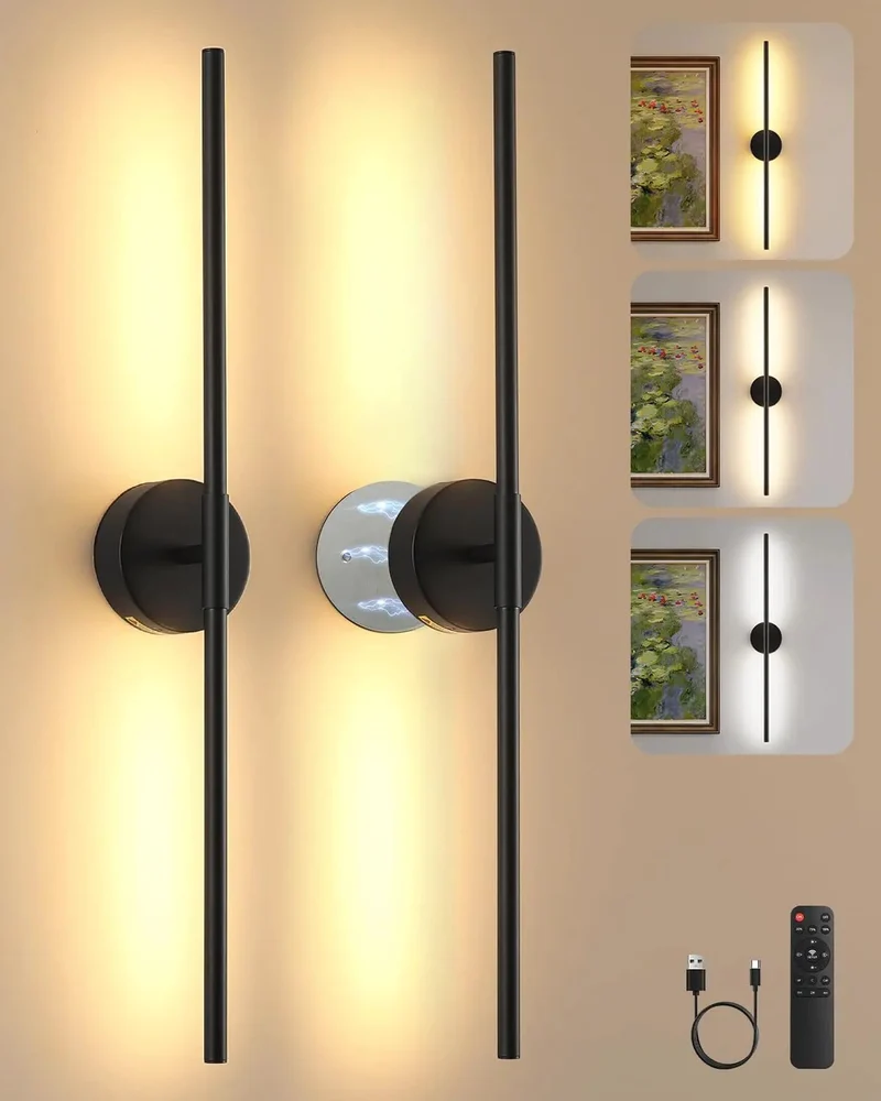 Modern 28 Inch Rechargeable Wall Sconces Set Of 2 Matte Black Cordless Accent Lights That Are Zero Hassle To Mount With Dimmable Remote Control And Built For Big Time Ambient Glow