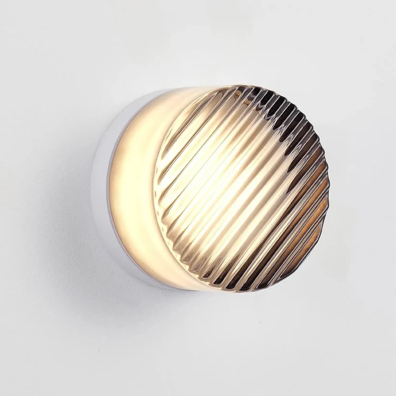 Super Sleek Round LED Wall Sconce Featuring Hella Modern Smoke Grey Striped Glass Shade 8W Warm White Vanity Lights Perfect For Bathroom Vanities And Bedroom Nightstands