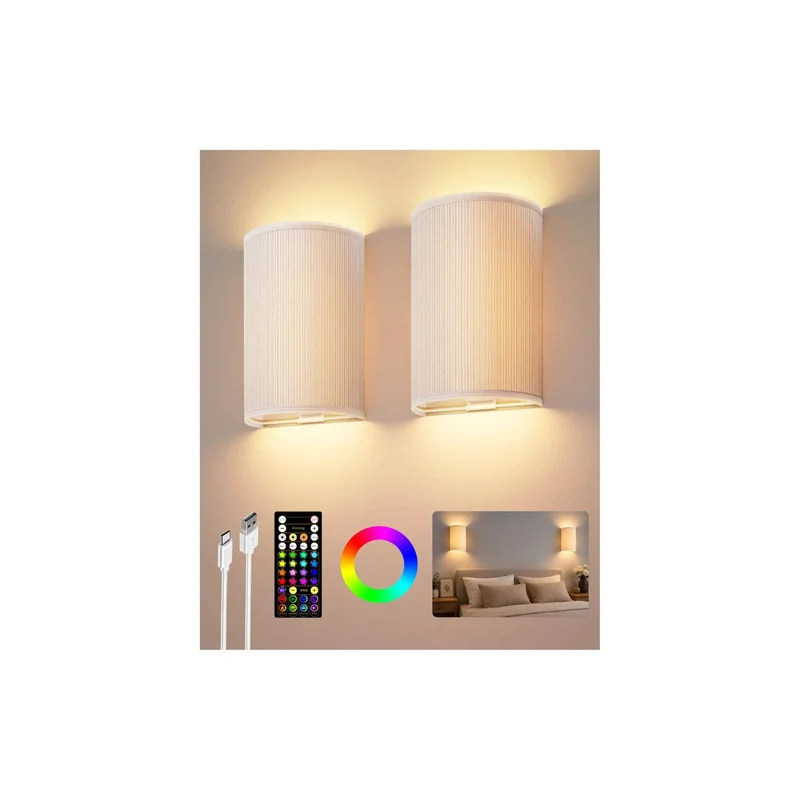 Set of Two Wireless Pleated Wall Sconces Rechargeable with Remote 3Colors plus 80Rgb Dimmable No Drill Usb C Bedroom Glow Up Swoon Worthy White Shades