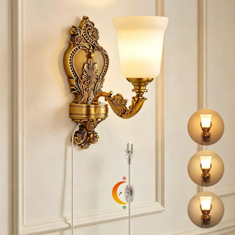 Premium Dimmable Plug In Wall Sconce Featuring Vintage Gold Finished Brass Frame And Frosted Glass Shade That Sets The Mood With Straight Up Amazing Living Room Vibes