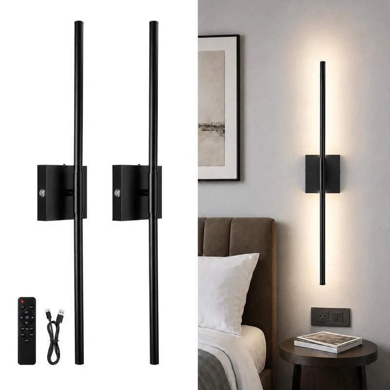 Black Wireless Wall Sconce Set Of Two Battery Operated With Remote 10000Mah Rechargeable No Wiring Drama Smooth Setup Clean Lines For Modern Home Vibes