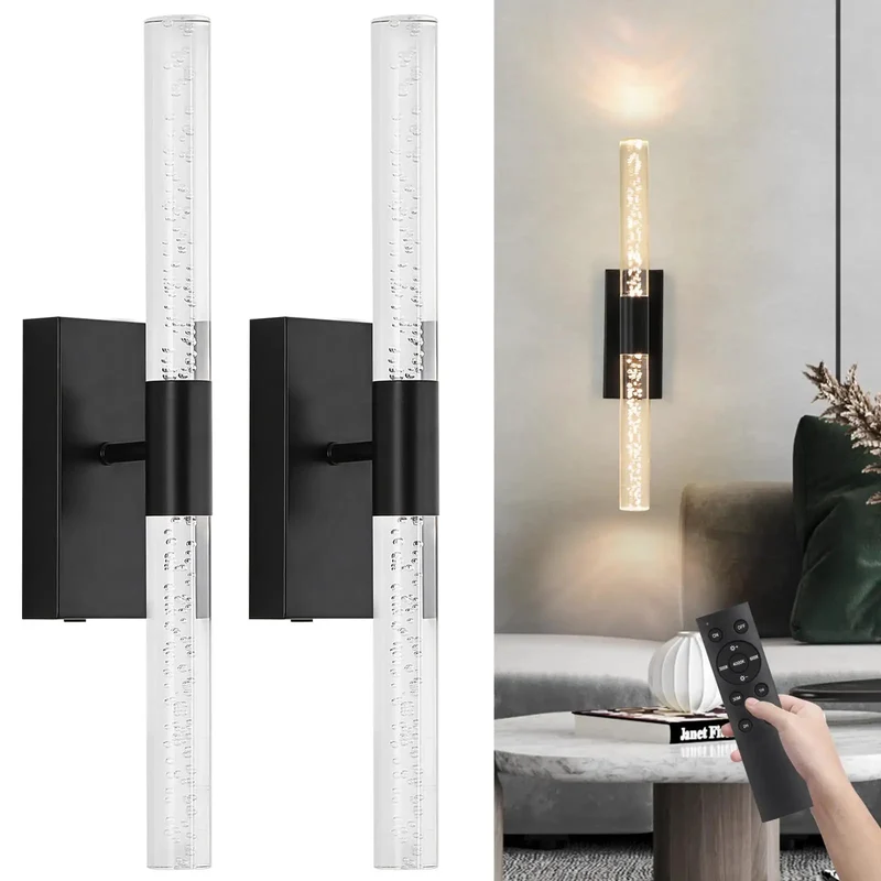 Modern Black Wireless Wall Sconce Set Of Two, Rechargeable Dimmable Vanity Light With Remote Control, Zero Wiring Hassle For Bedroom Bathroom Hallway Living Room