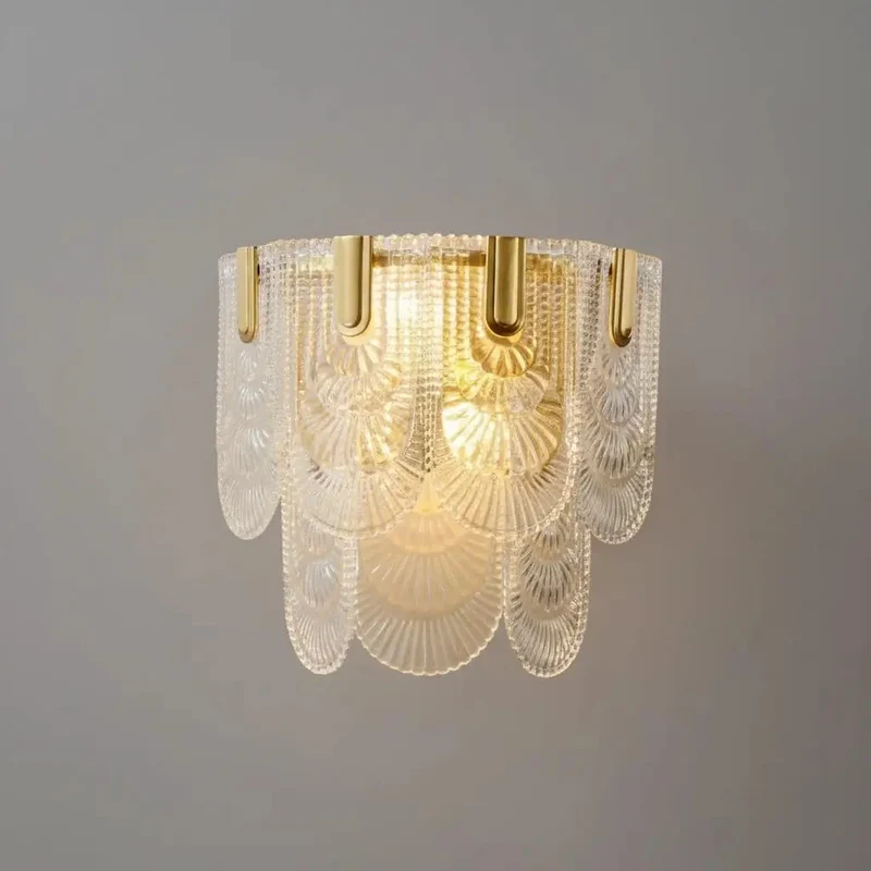 Modern Gold Brass Wall Sconce With Layered Textured Shell Glass Shade Ideal For Bedroom Living Room And Foyer Brings Next Level Ambiance That Truly Hits Different
