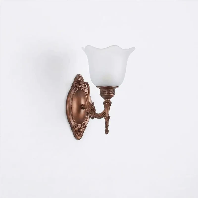 Gorgeous Antique Copper Wall Sconce with European Vintage Flower Frosted Glass Shade Carved Detailing Dreamy Indoor Wall Lamp for Master Bedroom Vibe Cozy Hallway Glow Stylish Bedside Lighting Fits E26 Socket