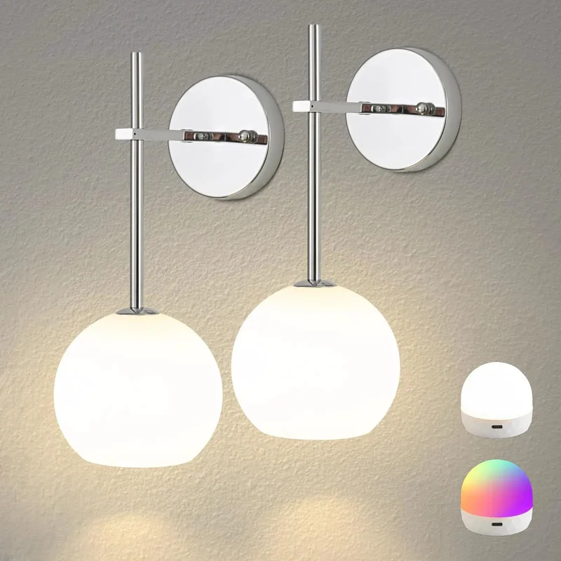 Effortlessly Stylish Chrome Battery Wall Sconces Set Of 2 Featuring Milky Frosted Glass Shadings 12 RGB And 3CCT Dimmable Modes Zero Wiring Hassle Wireless Remote Included Total Home Glow Upgrade For Bedrooms
