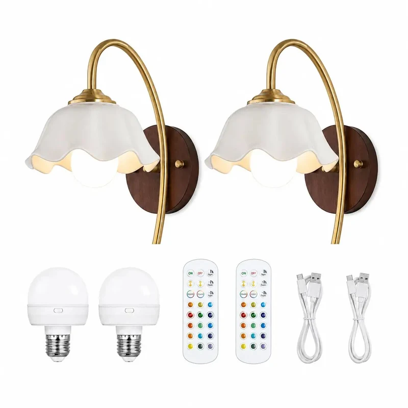 Straight Up Stunning Vintage Wireless Wall Sconces Set Of Two Dimmable Rechargeable Battery Lights Featuring Warm Walnut Wood Base Elegant Brass Curve And Floral Ceramic Shade