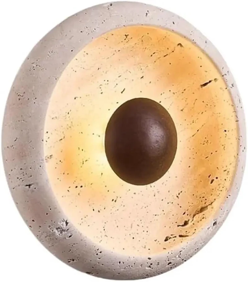 Top Shelf Round Travertine Wall Sconce With Genuine Stone Shade And Rustic Wood Trim Hardwired E26 Reading Lamp For Chill Modern Bedroom Or Hallway Decor Setup